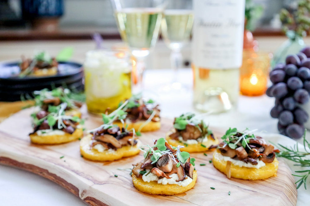 Roasted Mushrooms On Polenta Rounds with Marinated Fromage Blanc